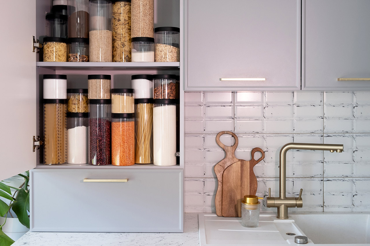 Organized kitchen pantry stock photo